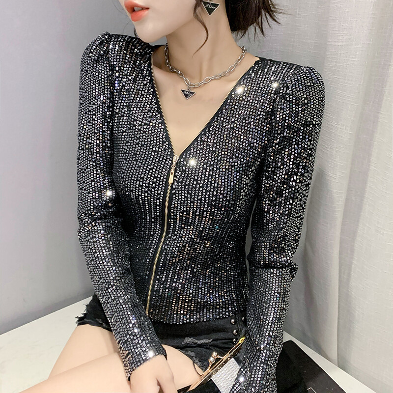 YIMEI Seamless hemmed sequin shirt 2023 autumn new women's long sleeved double layer mesh T-shirt zippered cardigan women's top
