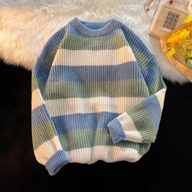 ASRV Striped sweater men thickened loose round neck sweater couple thickened sweater