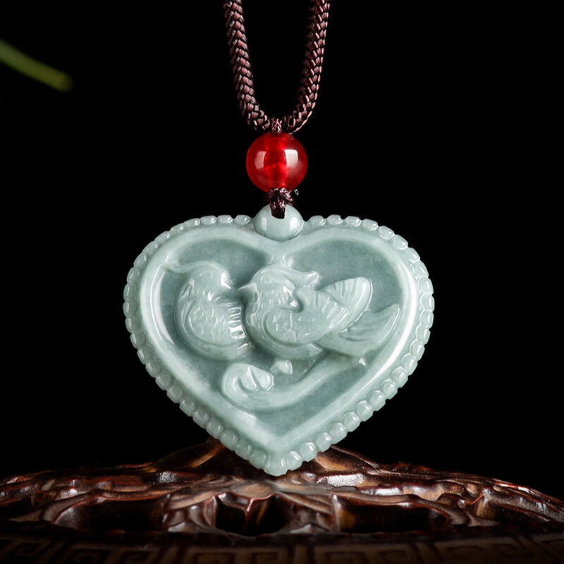 TIMESWIND Natural Burmese Jade with Certificate Heart-shaped Mandarin Duck Couple Pendant Necklace Y1N