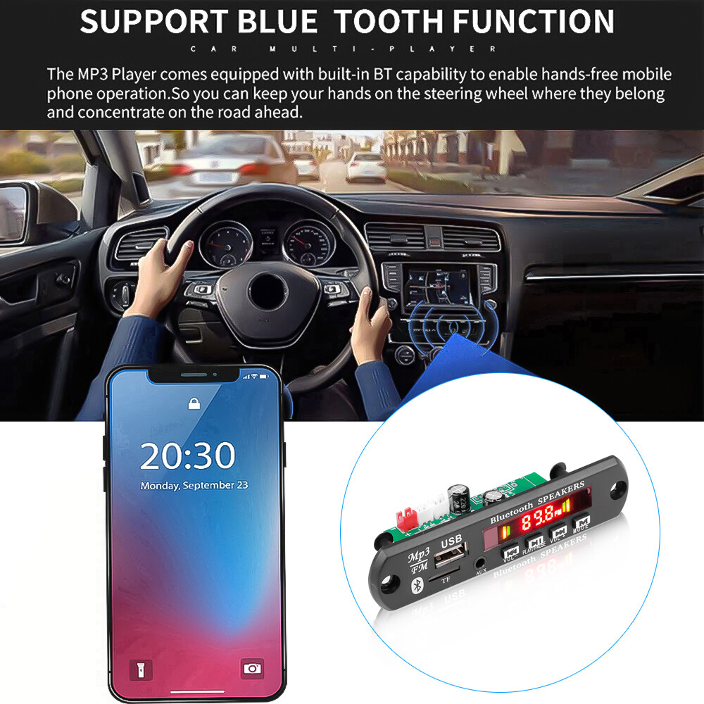 Bluetooth 5.0 MP3 Decoder Board 12V DC 2*40W FM TF USB AUX Handsfree Call And Record Recording Function Decoding Board Module