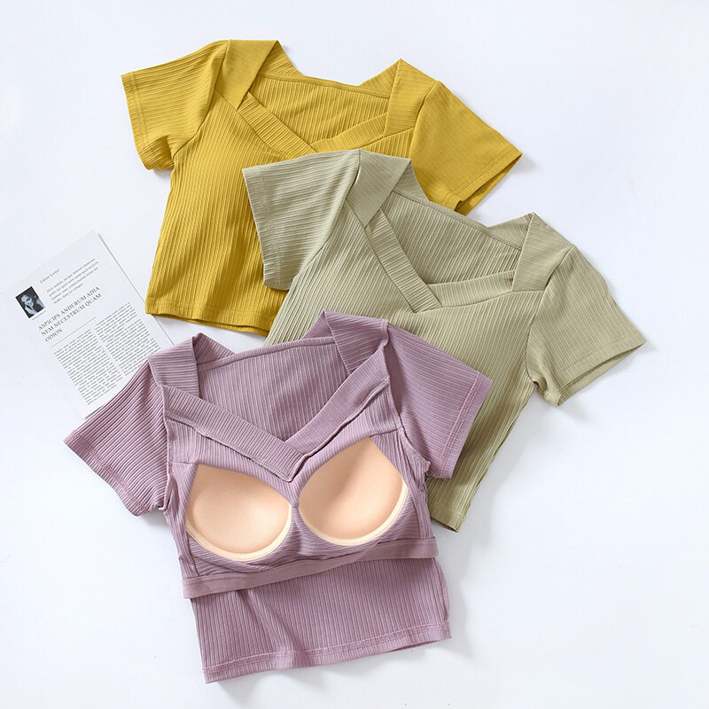 SUPERFLOWER Modische Damen-T-Shirts mit Brustpolstern, V-Ausschnitt, kurze Ärmel, atmungsaktive kurze Oberteile_voghion.com
