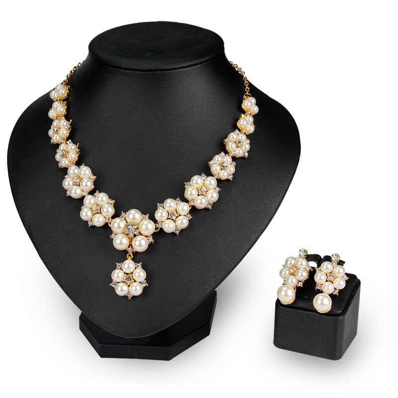 2Pcs/Set Fashion Necklace Earring Set Crystal Diamond Pearl Jewelry for Wedding Party