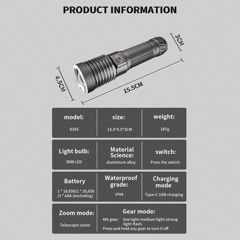 30 Wát LED tầm xa đèn pin IPX4 không thấm nước 800lm Đèn pin phóng to Loại-C có thể sạc qua USB 4 chế độ Nguồn cung cấp Cắm Trại Đi Bộ Đường Dài