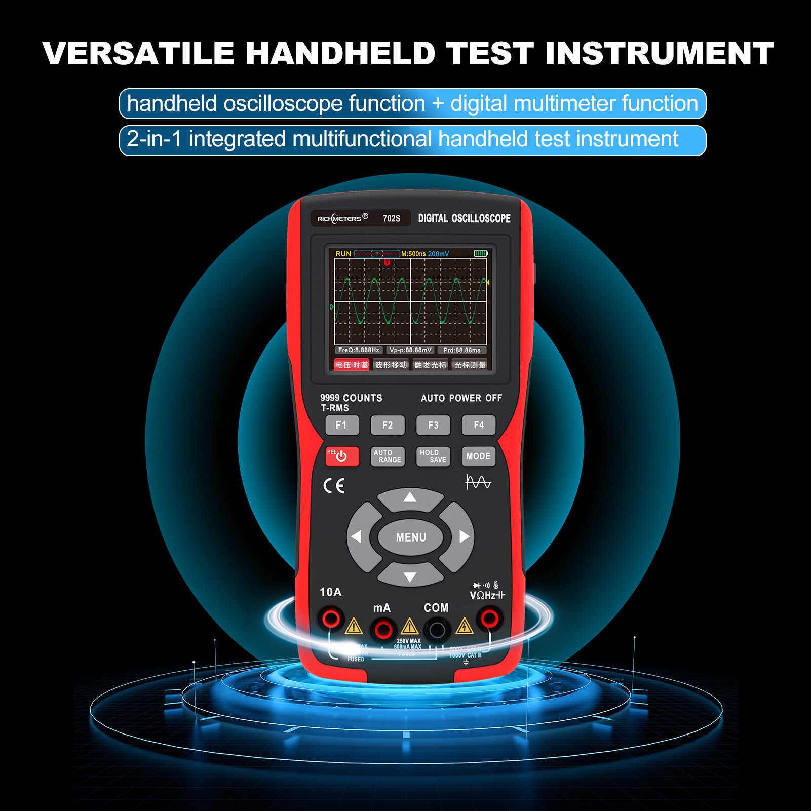 SMART SENSOR Oscilloscope Đồng hồ vạn năng cầm tay LCD đa năng kế kỹ thuật số & oscillometer 2-in-1 Đồng hồ vạn năng máy đo phạm vi 9999 đếm 10MHz 48msa/S đơn kênh đo AC/DC điện áp và hiện tại Kháng Điện dung tần số