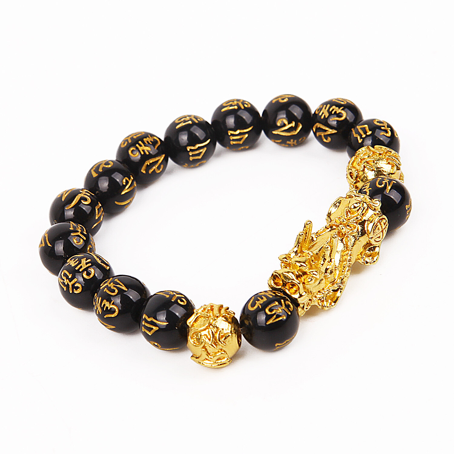 【Prettyset】Lucky Gold PiXiu Mantra Bead Bracelet Feng Shui Prosperity Hand Carved Mantra Bead Jewelry Black Gold Attract Wealth Bracelet Good Luck