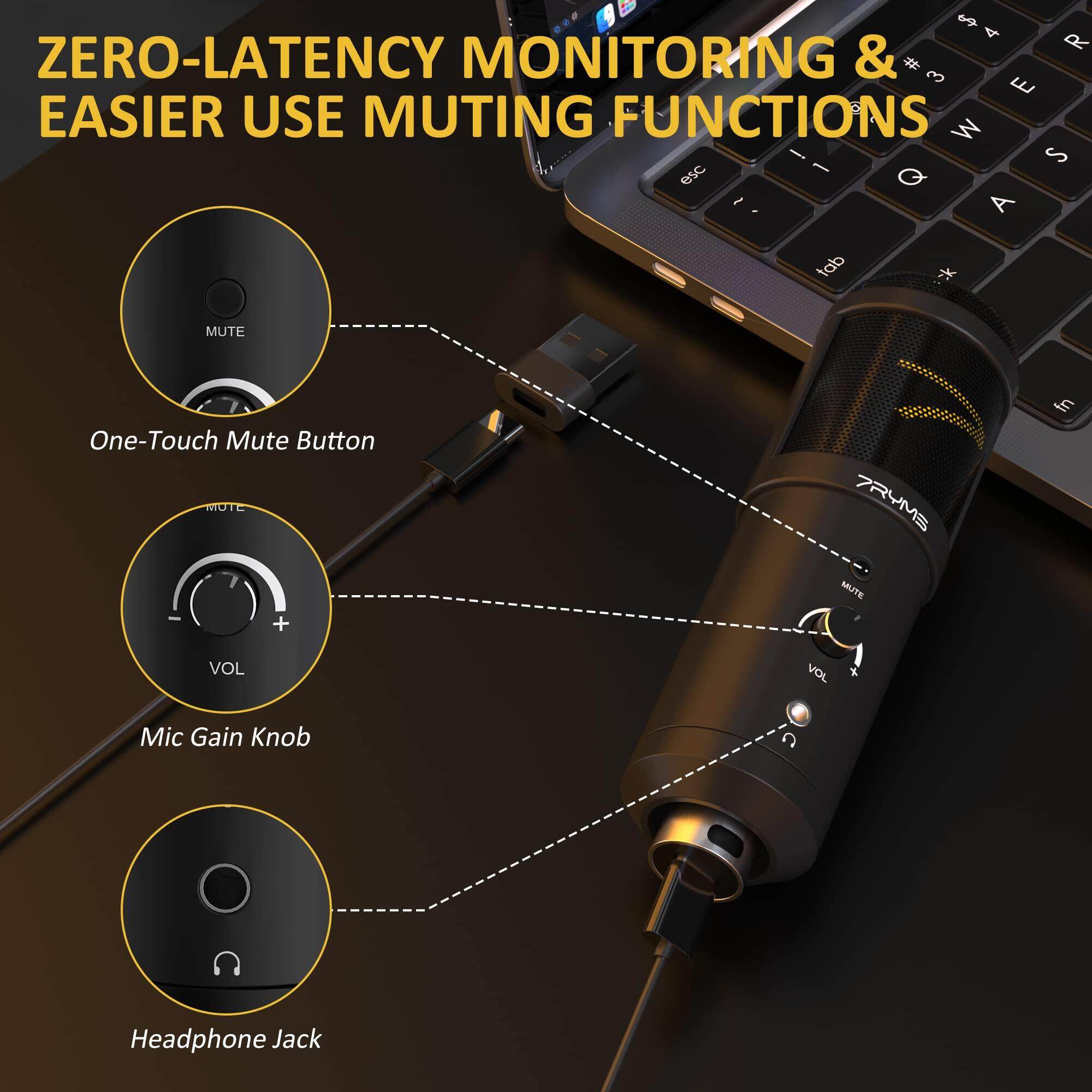 7RYMS Condenser USB Microphone SR-AU01-K2 Studio Microphone Kit with Desk Stand, Pop Filter and Real-time Monitor Gaming-Mic 192kHz/24bit Tape to Mute Microphone for PC for Streaming Podcast Recording ASMR, for Computer, Phone