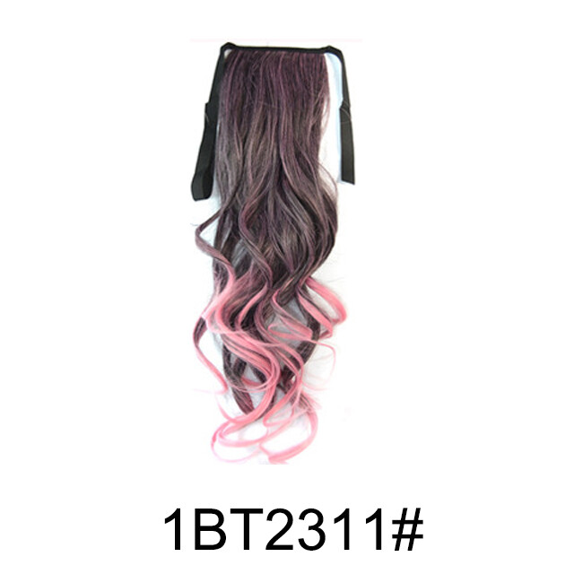 Synthetic Long Straight Curly Ponytail Drawstring Clip in Hair Extension Ombre Black Pink Red Hairpiece for Women
