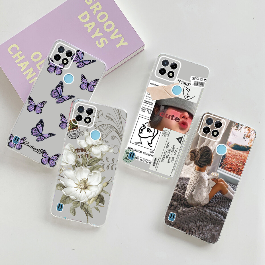 Realme C21Y Case RMX3261 Cover Clear Soft Silicone Flowers Butterfly Printed Phone Cases Realme C21Y Casing