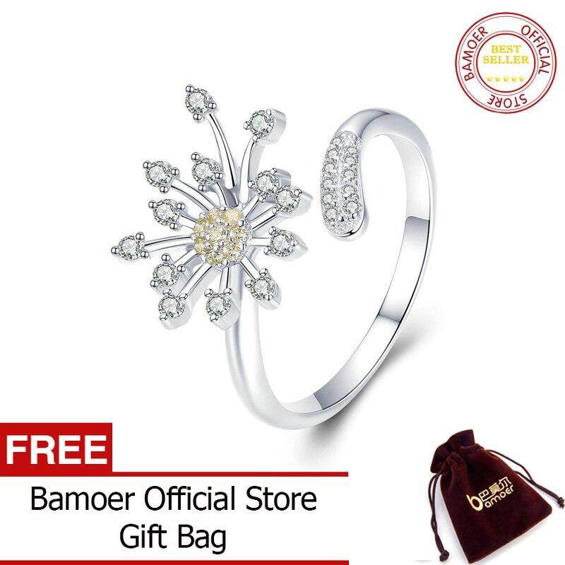 BAMOER Authentic 925 Sterling Silver Blooming Dandelion Love CZ Adjustable Rings for Women Wedding Engagement Jewelry SCR471 Dec