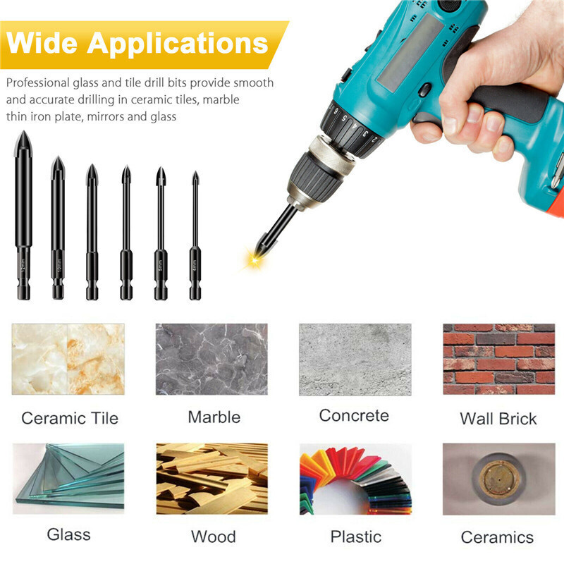5Pcs Universal Glass Cross Hex Tile Drilling Bit Set Concrete Ceramic Tools Hole Opener Multifunctional Hard Alloy Drill Bit Tip for Woodwork