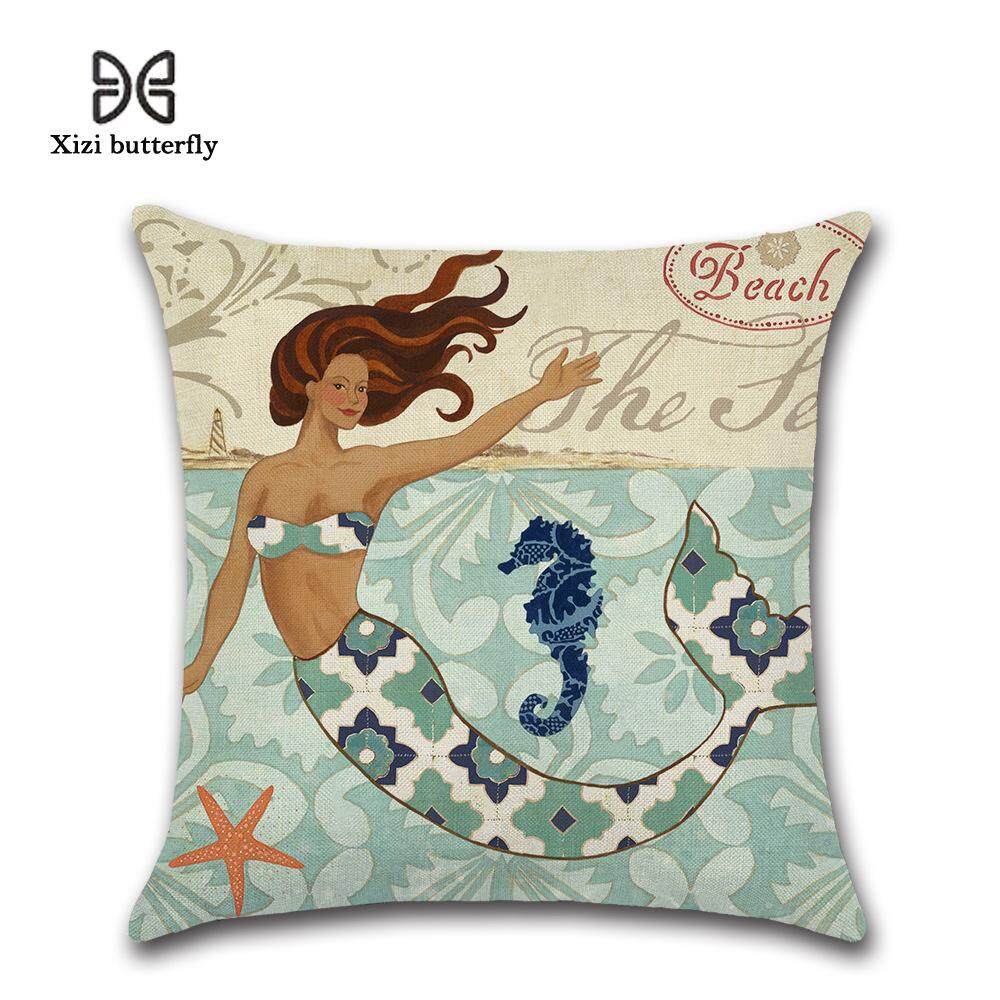 Cartoon Mermaid Printed Cotton Linen Square Cushion Cover House Sofa Car Decor Pillowcase By Moonbeam
