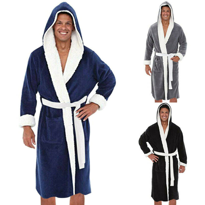 Men Lined Lounge Wear Dressing Gown Robe Long Sleeve Towel Soft Hooded Bathrobe