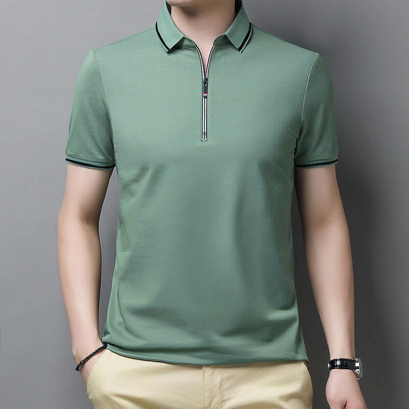 Hanlu Men's summer short sleeves solid color polo shirt business short sleeves Half-zip lapel T-shirt