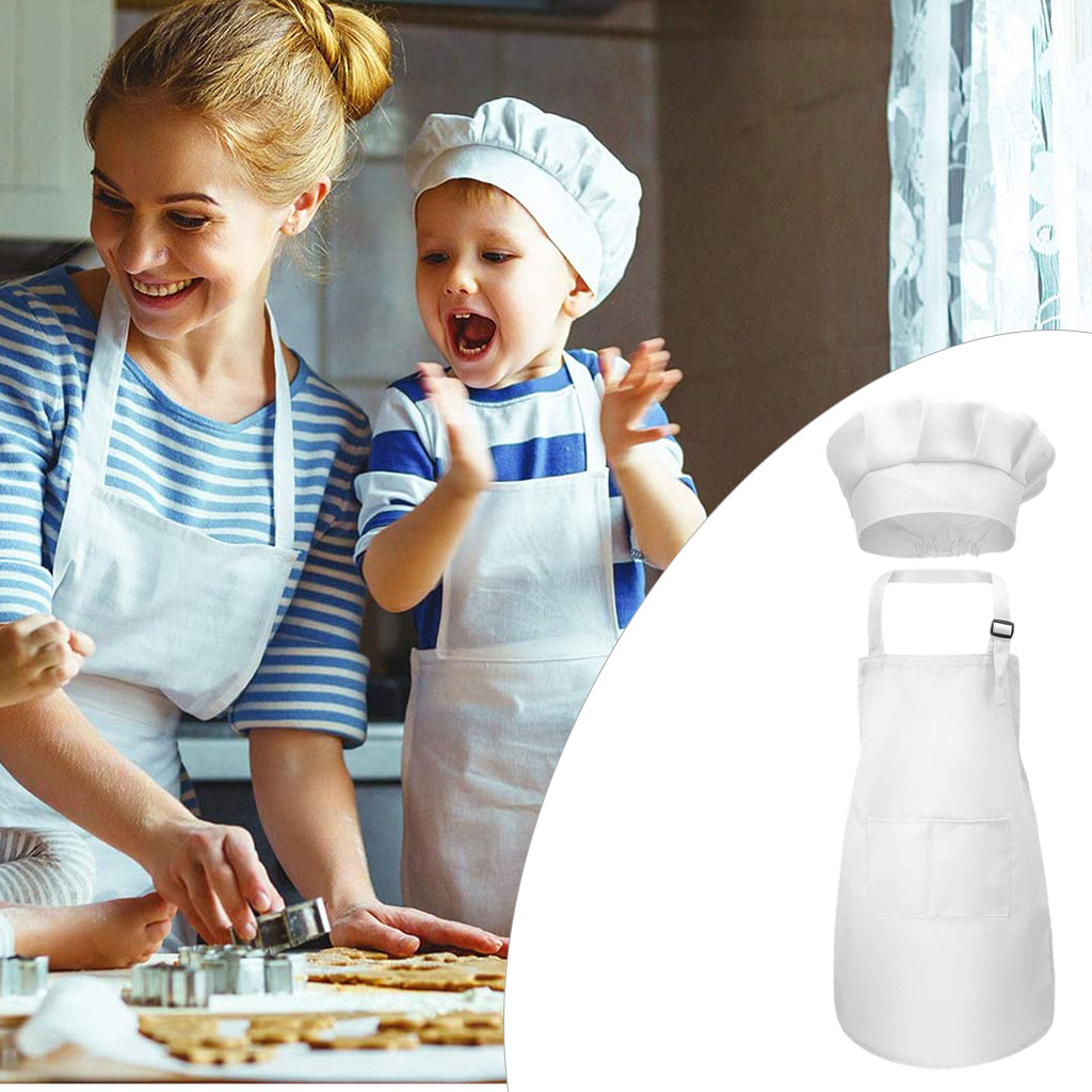 Blesiya Kids Apron Chef Hat Set Adjustable Bib Front Pocket for Crafting Baking