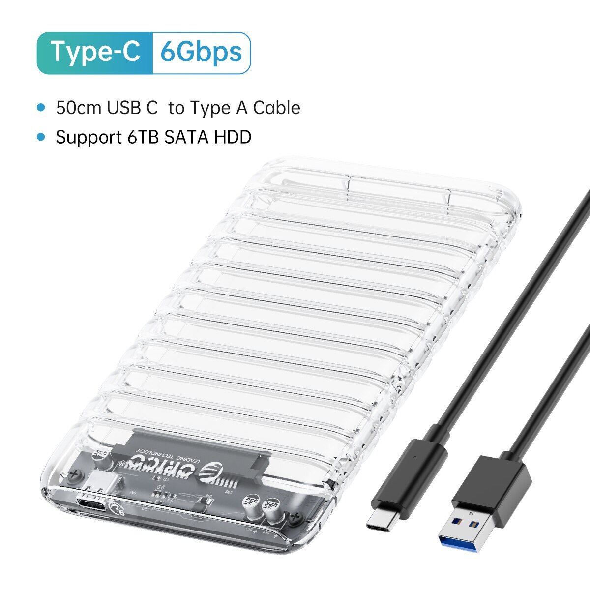 Orico 2.5 inch transparent sata to usb3.0 / type-c hard drive case tool free external hdd enclosure for pc laptop ssd/hdd 6gbps