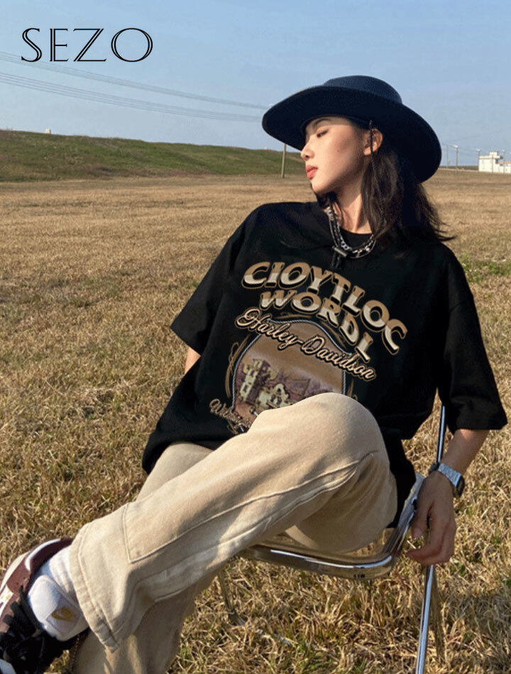 SEZO Áo Thun Nữ Tay Ngắn Cổ Tròn Oversize