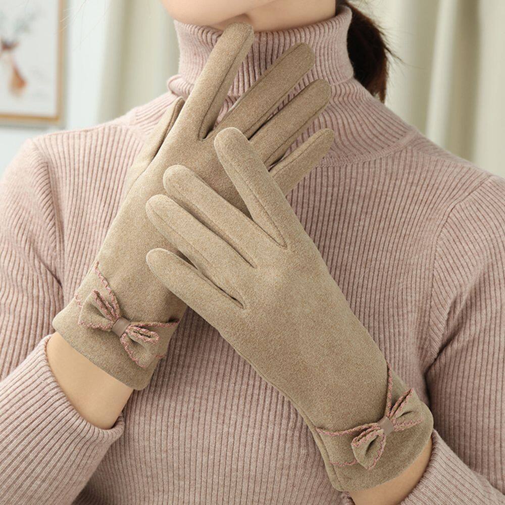 HI MIA Thermal Warm Ladies Winter Accessories Bow Solid Color Cold Protection Women's Gloves German Fleece Korean Style Mittens Touch Screen Gloves