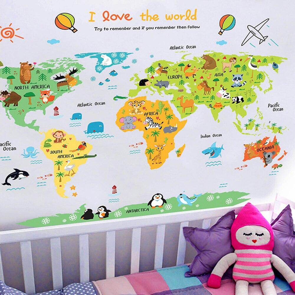 HelloYoungCartoon world map PVC DIY Self Adhesive Vinyl Wall Stickers Bedroom Home Decor for Children Room Decoration Art Wall Decal Mural