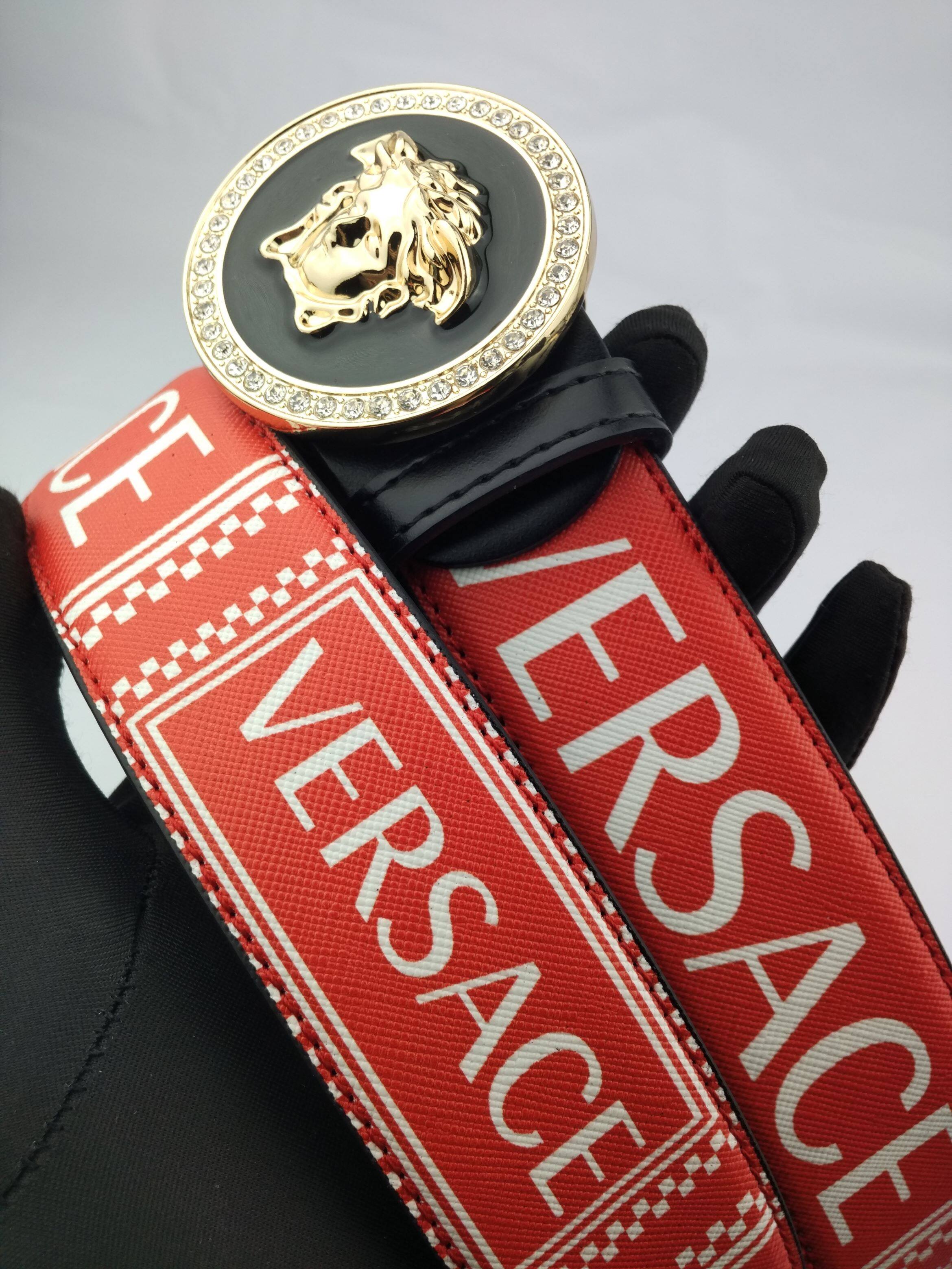 VERSACE เข็มขัดแบรนด์ไฮเอนด์ของผู้ชาย,เข็มขัดหนังวัวหัวเข็มขัดแบบเข็ม