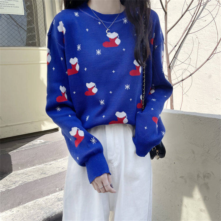 Women's Christmas Sweater Korean Round Neck Pullover Sweater Tender Long Sleeve Knitwear Top