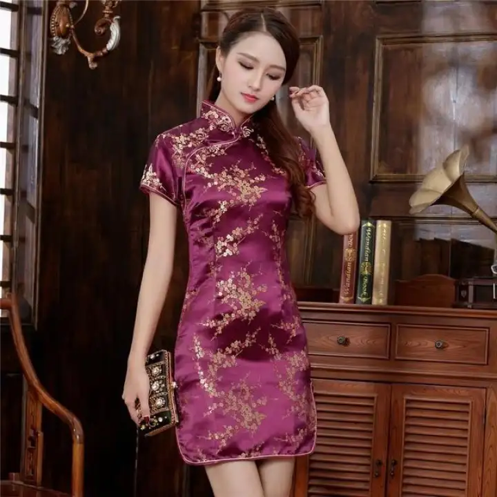Chinese Summer Long Cheongsam Women Silk Satin Maxi Dress Ball Gown S-6XL