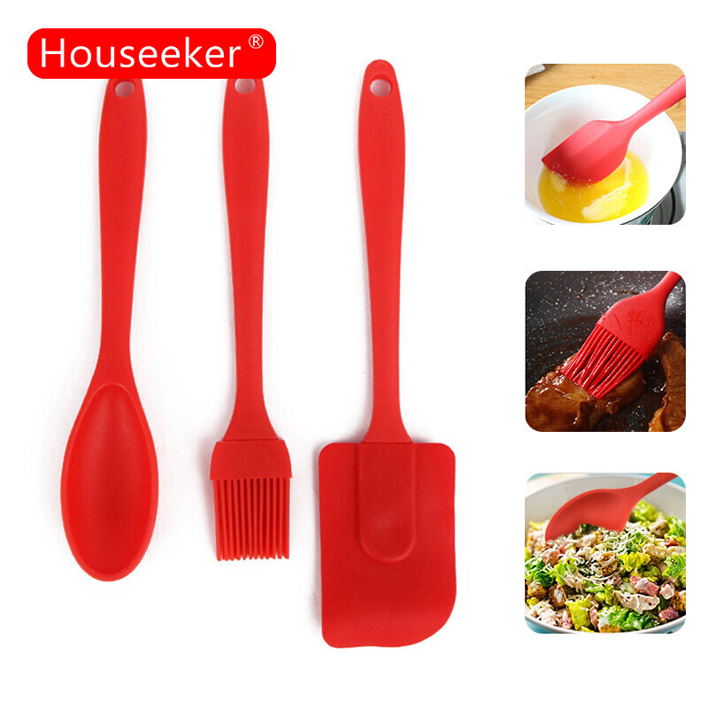 Houseeker 3Pcs High Temperature Resistance Silicone Spatula Baking Rubber Scraper Brush Baking Tools