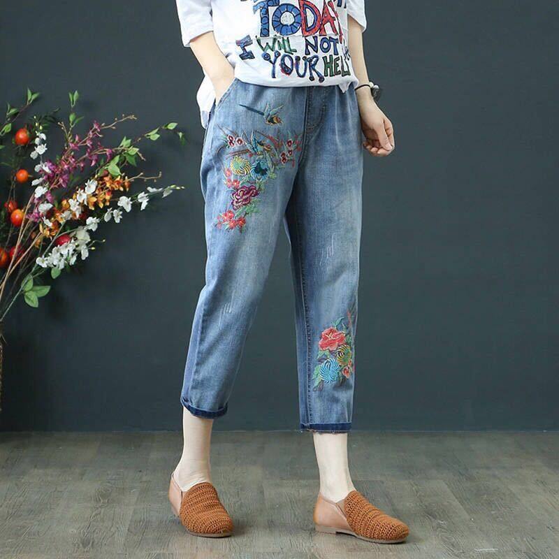 Yushu 2022 Summer Ripped Boyfriend Jeans for Women Fashion Embroidery Loose Vintage Ankle High Waist Jeans Plus Size 26-34 Jeans Pantalones Mujer Vaqueros Elasticated Waist Blue