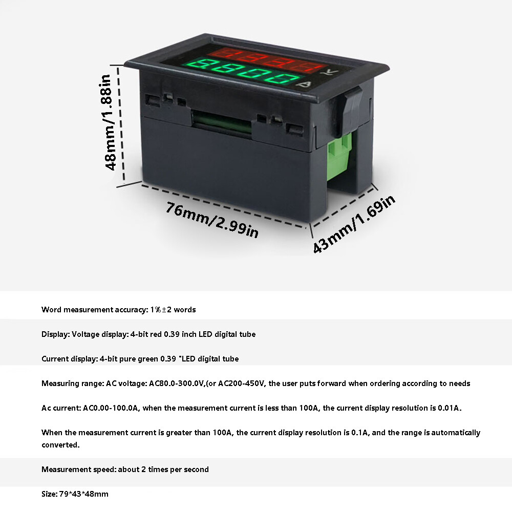 Foriot Đồng hồ đo vôn Ampe 300V 100A Vôn kế Điện áp và dòng điện mét kỹ thuật số hiển thị thời gian kép 0.39 inch LED điện áp cường độ dòng điện Tester