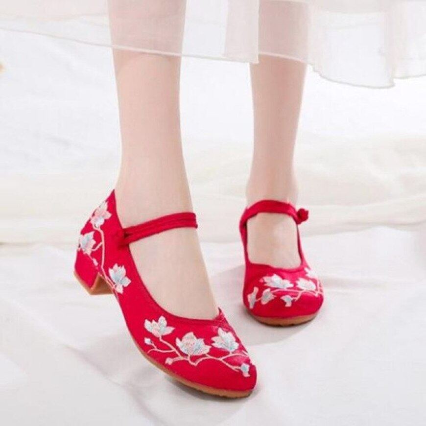 Retro Thêu Phụ Nữ Bơm Hoa Giày Nhảy Ladies Vintage Dress Giày Mùa Hè Mary Jane Slingbacks Dân Tộc Dây Đeo Ladies Bơm giá rẻ