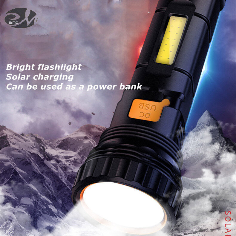 LED flashlight strong light solar power supply USB rechargeable portable small flashlight work light outdoor super bright multi-function emergency light