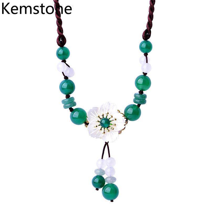 Kemstone Retro Natural Style Green Agate Flowers Pendant Necklace Women Jewelry Gift