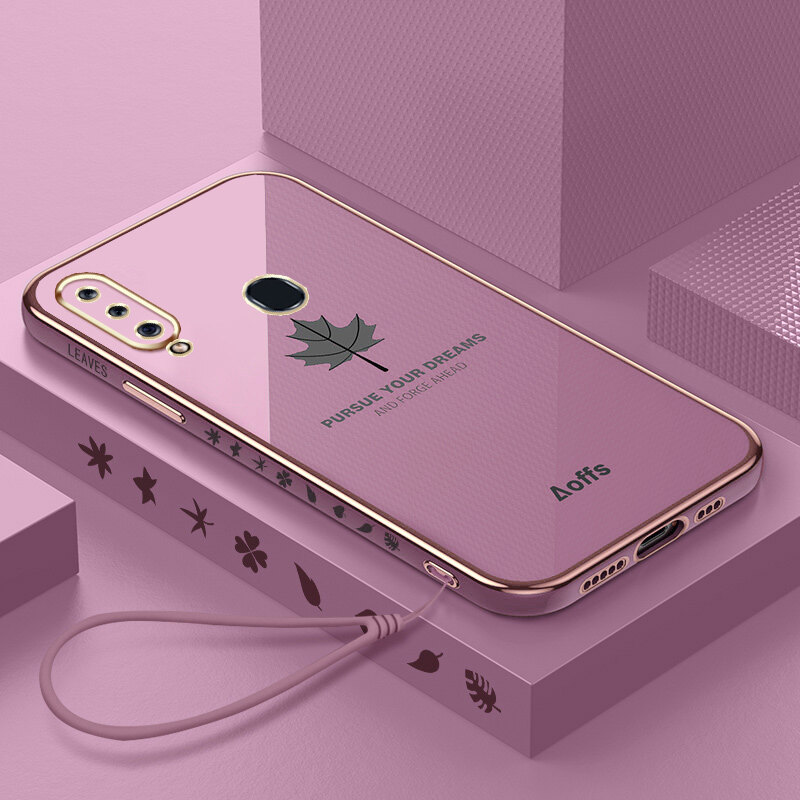 YBD Straight Edge Plating Phone case For Samsung Galaxy A20S A10S casing,Precise Camera Protection case Maple leaf pattern cover with Free lanyard