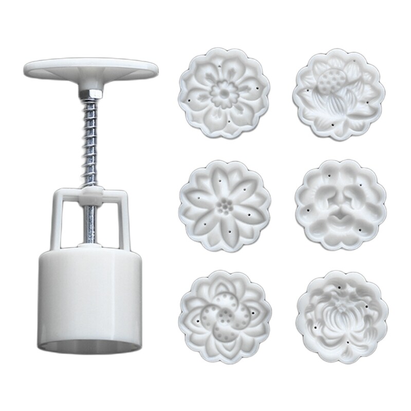[Hot Sale] Plastic Mooncake Mold 50g Cookie Cutter with 6 Flower Stamps Hand Press Chocolate Moon Cake Mould DIY Bakeware