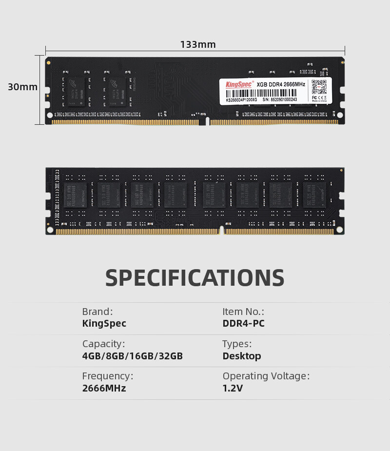 DDR4-2400 Kingspec 8GB 2666MHz CL 17 SDRAM 288-Pin DIMM Đen XMP Bộ Nhớ Máy Tính Để Bàn Ram Một Thanh