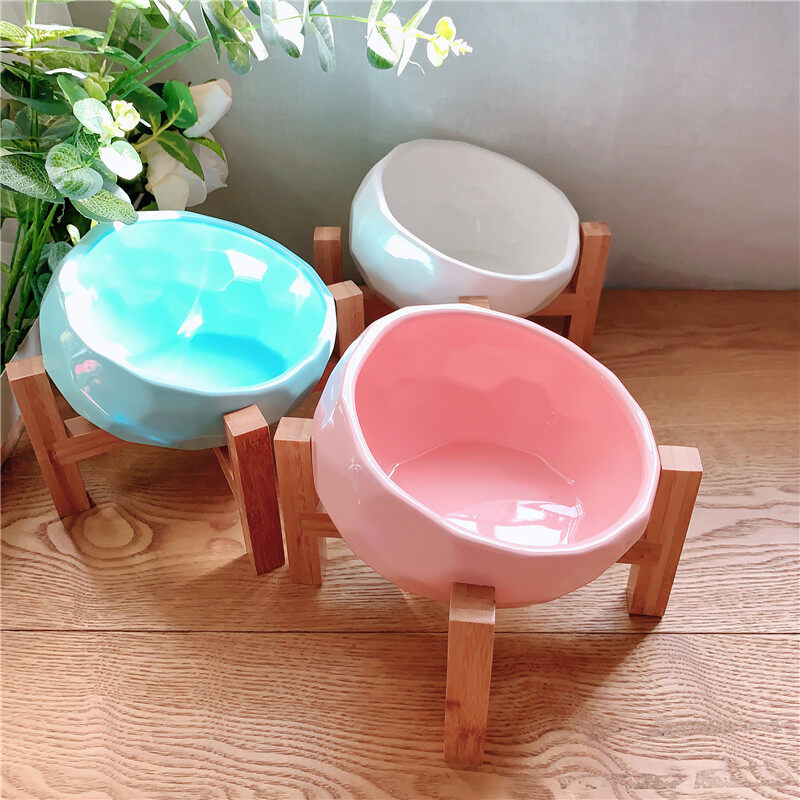 Cat Dog Xuất Khẩu Nhật Bản Kim Cương Nghiêng Miệng Gốm Mèo Bát Khung Gỗ Cao Chân Chó Bát Bảo Vệ Cổ Tử Cung Đốt Sống Vật Nuôi Bát Thức Ăn Lưu Vực Nước Bát