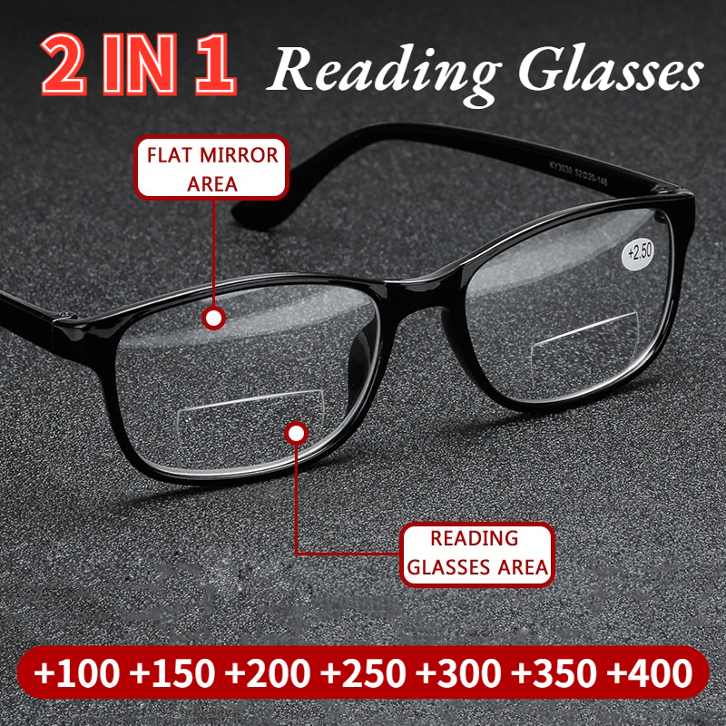 2-in-1 Bifocal Reading Glasses for Men Women Presbyopia Far Near Sighted Eyeglasses Frame Vintage Style With Diopters +1.0 to +4.0