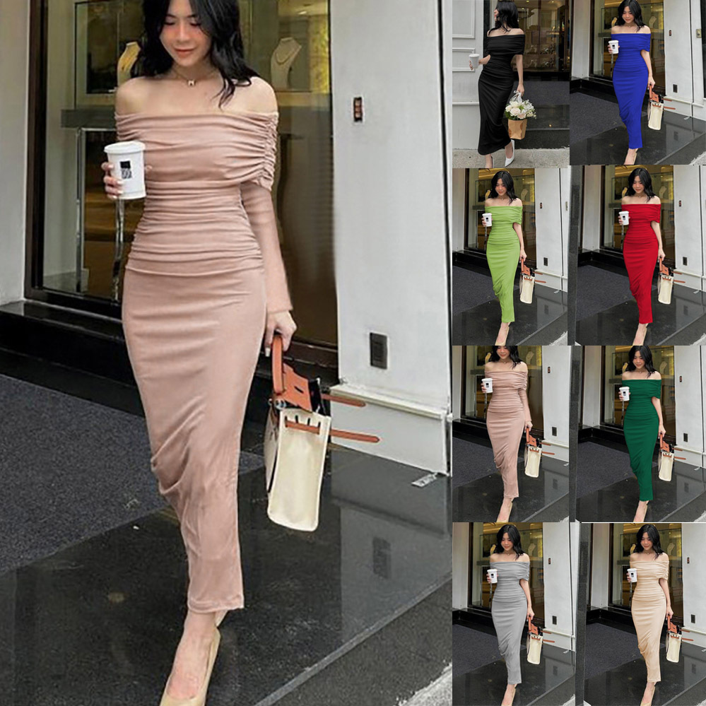 Đầm ôm sát maxi nữ xẻ xếp ly hở vai thanh lịch