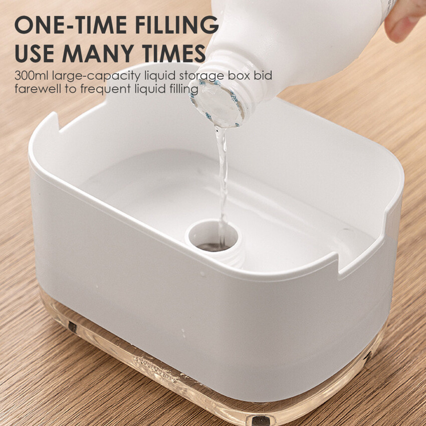 Manual Press Dishwashing Container Double Layer Cleaning Liquid Box Soap Pump Dispenser Detergent Dispenser Foam Bottle W/ Sponge