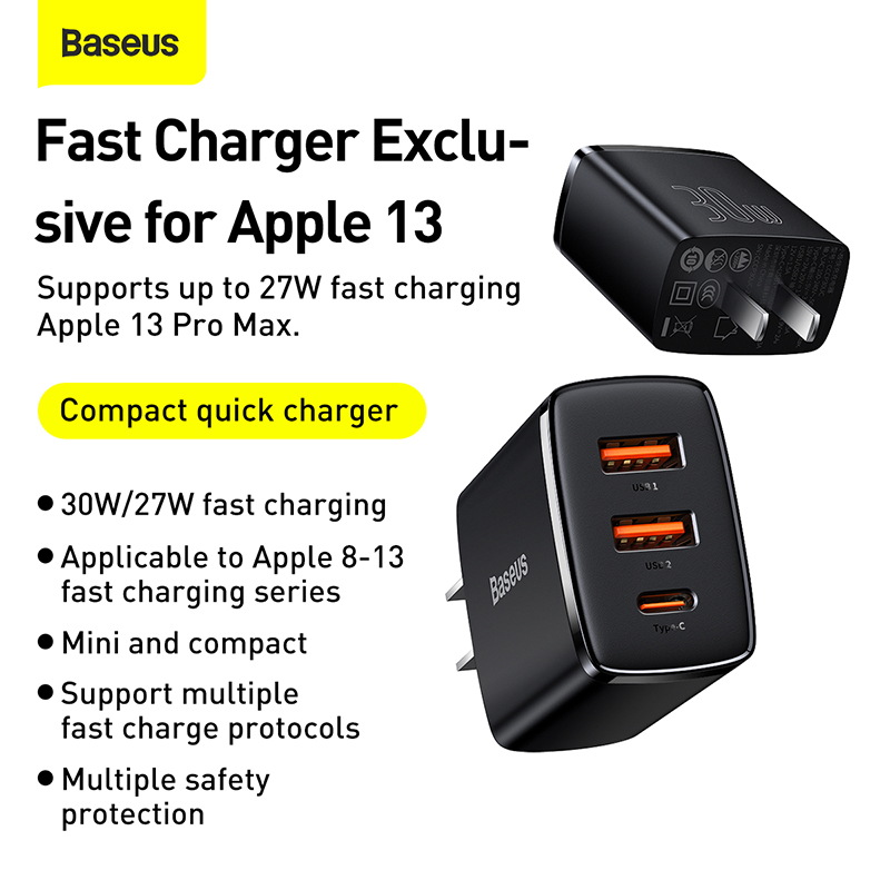 Baseus Sạc Nhanh Nhỏ Gọn 30W, USB Kép + Loại C PD3.0 QC3.0 Phích Cắm CN Mini Fast Chaging Rộng Rãi Tương Thích Dành Cho Apple Huawei Samsung Xiaomi Dành Cho Máy Tính Bảng IPad