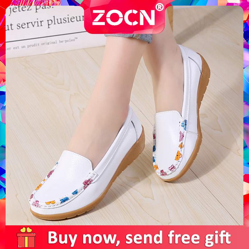 ZOCN Gốc Flats Cho Phụ Nữ Cao Su Giày Đế Trên Bán Da Mẹ Giản Dị Giày Sáng Bóng Phụ Nữ Trắng Giày Làm Việc Đen Cộng Với Kích Thước Phụ Nữ Giày 35-41