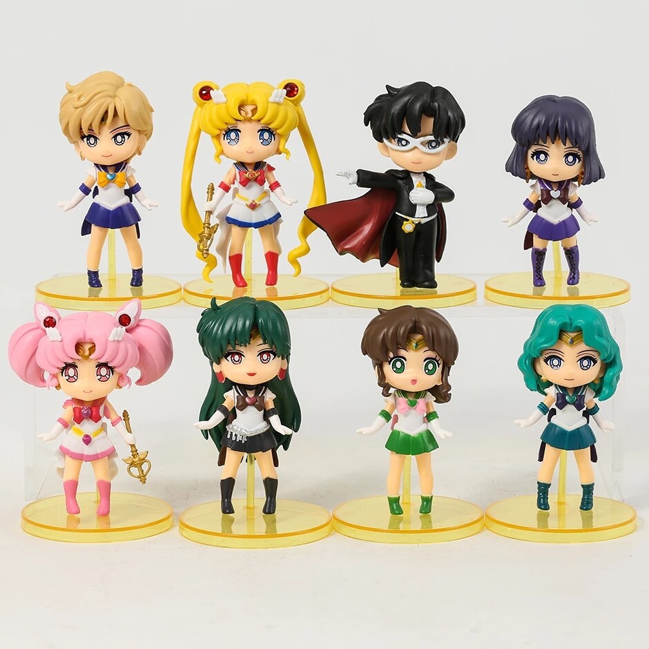 8pcs/set Sailor Moon Tsukino Usagi Chiba Mamoru Sailor Mercury Mars Jupiter Venus Uranus Neptune Pluto Figure Toys Cute Decoration Dolls