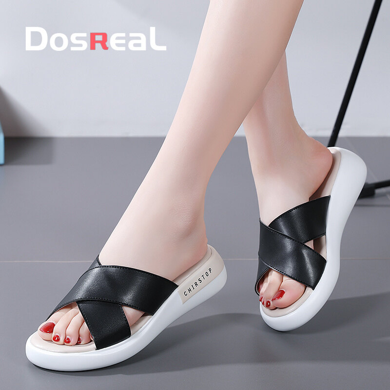 DOSREAL Sandals For Women Leather Soft Sole Beach Slippers For Women Wedge Shoes Summer Sandals Platform Shoes Casual Outdoor Slippers Women Slides