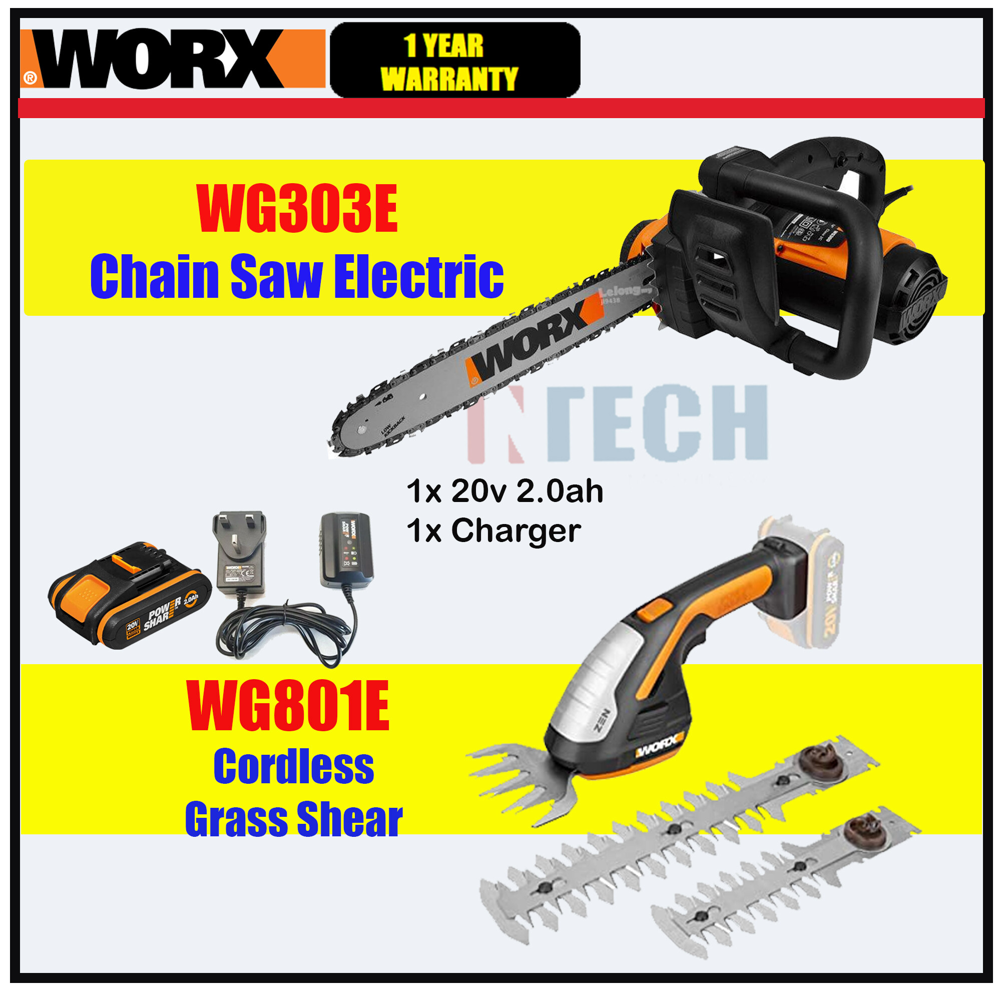 WORX COMBO KIT WG801E 20V ZEN CORDLESS SHRUB/GRASS SHEAR C/W WG303E