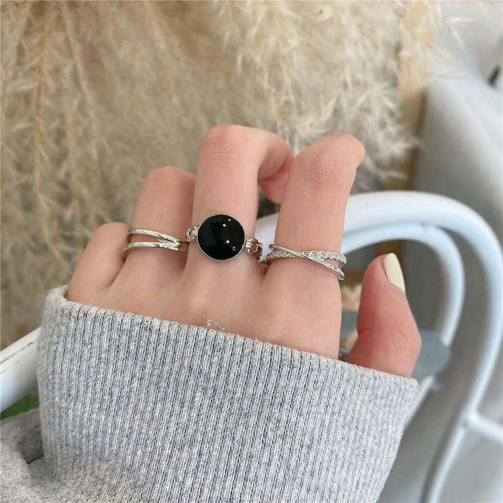 3Pcs/set Vintage Geometric Black Gem Rhinestone Ring Women Adujstable oint Ring Set Opening Ring Fashion Jewelry Accessories