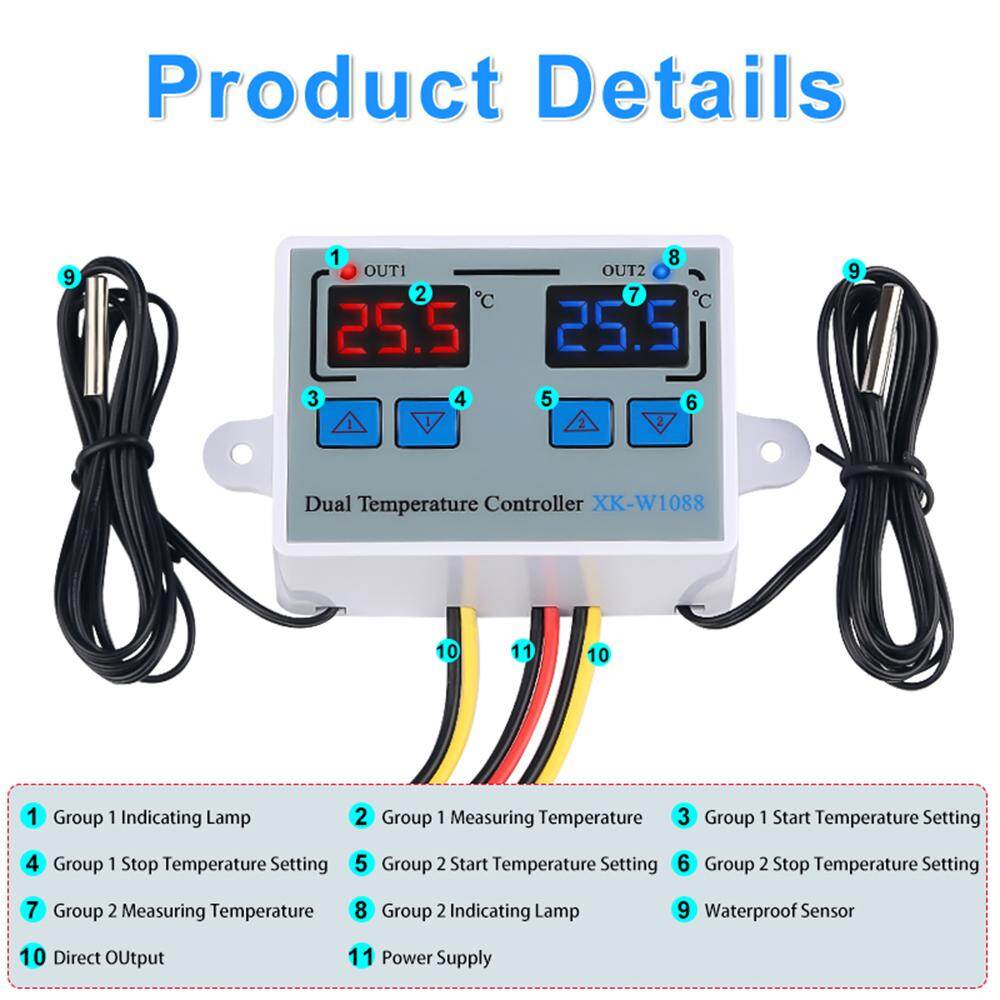 Smart Sensor Dual Digital Thermostat Temperature Controller Two Relay Output Thermoregulator for incubator Heating Cooling XK-W1088 AC110-220VAC 50/60Hz /12V DC/24V DC