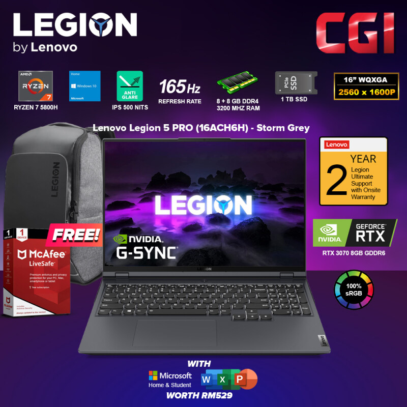 Lenovo Gaming Laptop Legion 5 Pro 16ACH6H AMD Ryzen 7 5800H 4.4GHz|8GB+8GB|1TB SSD|16”WQXGA IPS 500Nits(165Hz)(DC Dimmer)RTX 3070 8GB D6 H&S2019-82JQCTO1WW Malaysia
