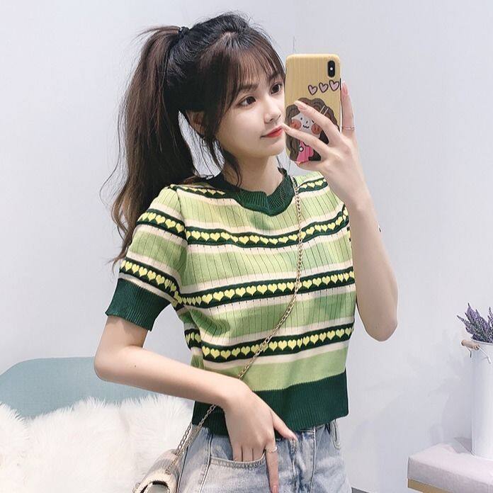 Women Avocado Green T-shirt Chic Love Jacquard Hollow Short-sleeved Sweater