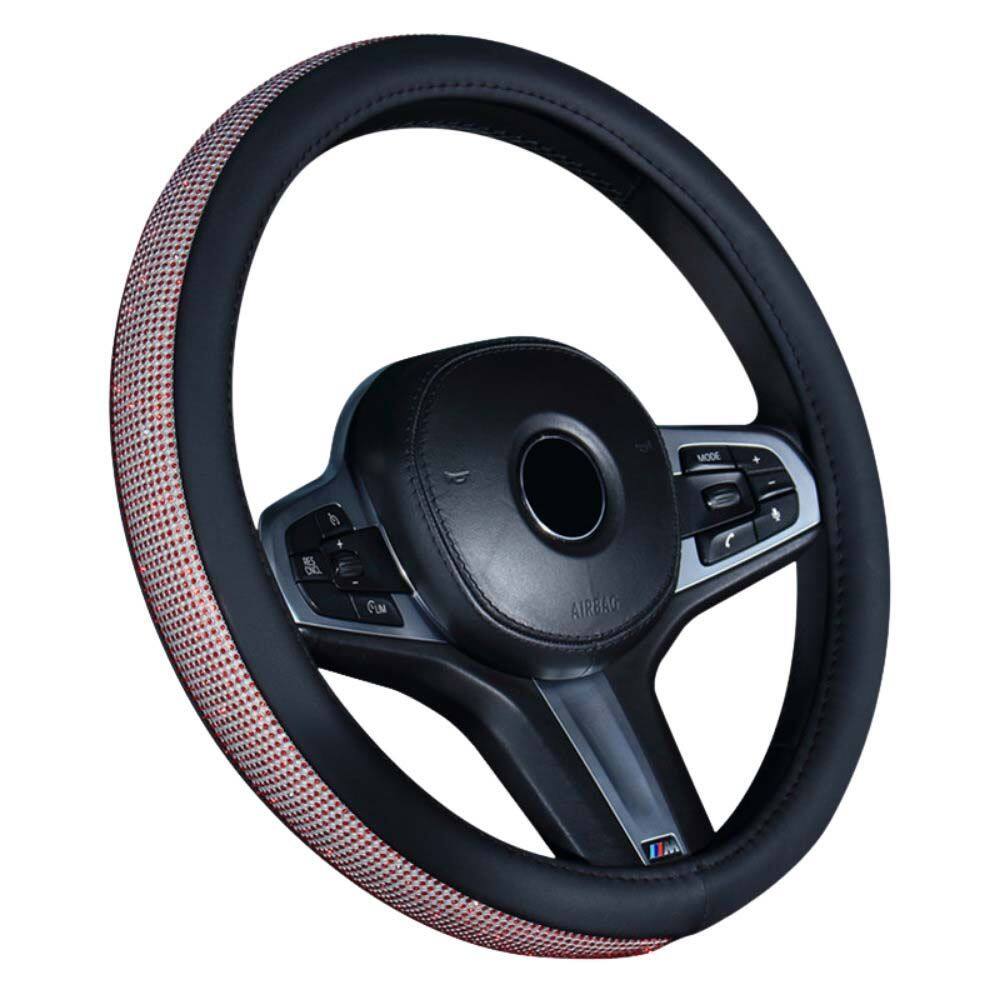 QMTJSH Universal High Quality Car Styling Auto Decoration PU Leather Anti Slip Full Black Crystal Interior Accessories Steering Wheel Protector Car Steering Wheel Cover Steering Wheel Sleeve