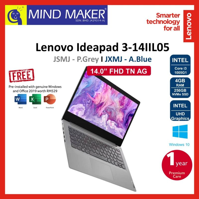 Lenovo IdeaPad 3 14IIL05 81WD00JSMJ Platinum Grey / JXMJ Abyss Blue 14 FHD Notebook (i3-1005G1/4GB/256GB NVMe SSD/UHD Graphics/Office H&S2019 OPI/Win10/1 Year Premium Care Warranty) Malaysia