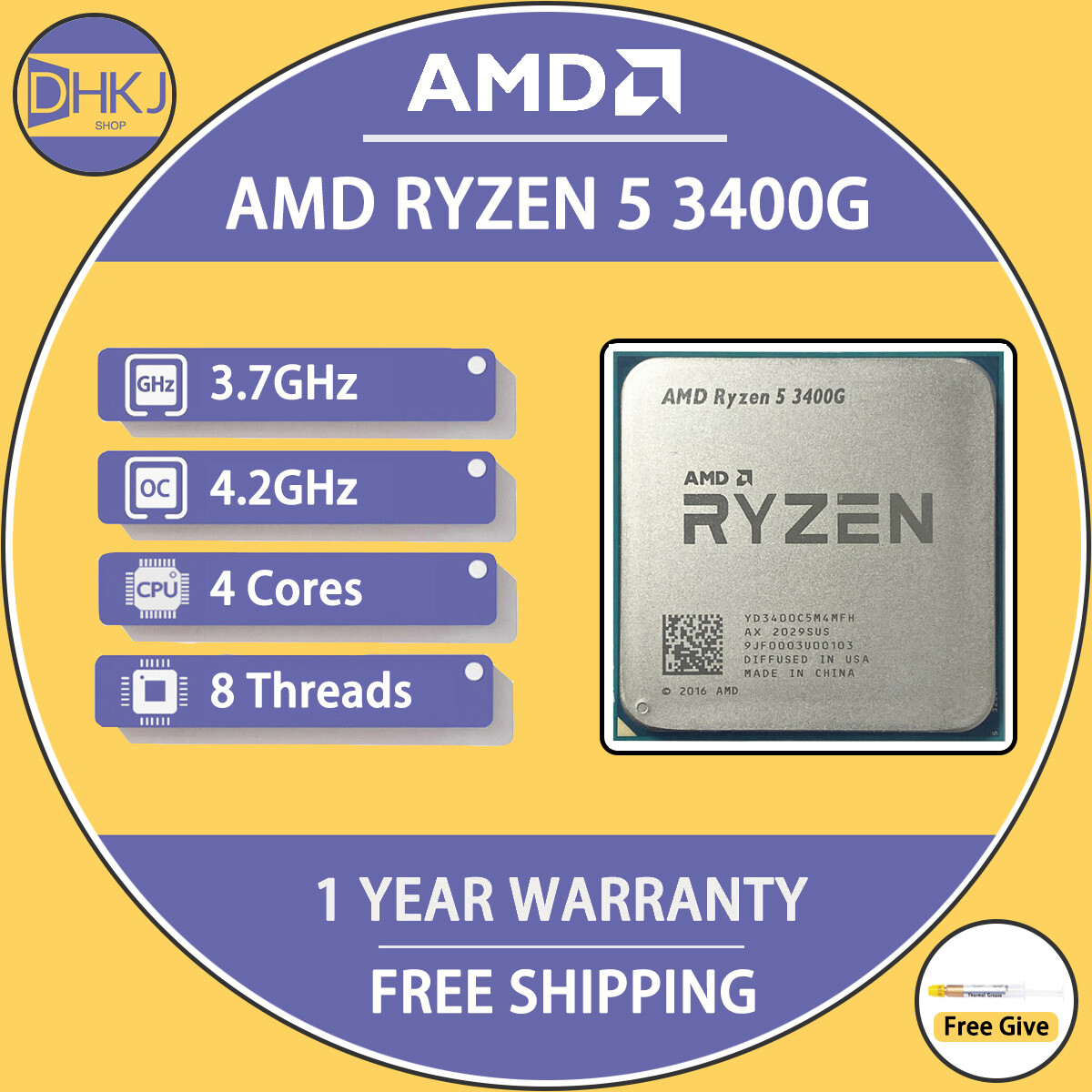 USED AMD Ryzen 3400G R5 3400G GHz Quad-Core Eight-Thread 65W CPU  Processor L3=4M YD3400C5M4MFH Socket AM4 NO Fan